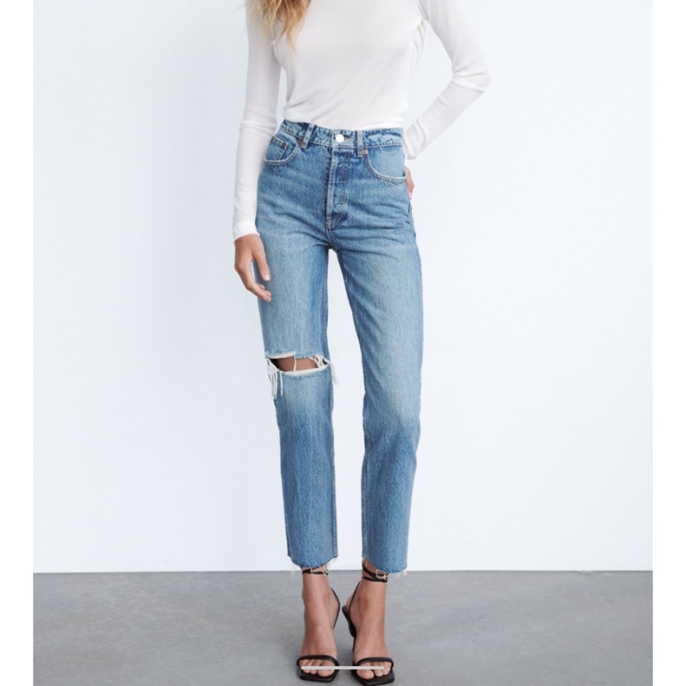 New Zara Ripped Straight Jean in Blue